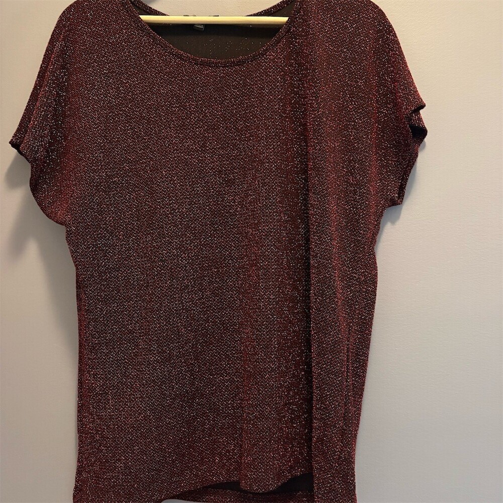 Elementz Blouse Womens XL Red Black Geometric Metallic Sparkle Short